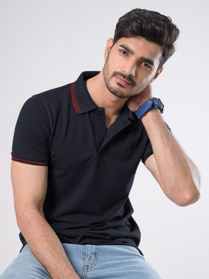 Navy Blue Plain Contrast Tipping Half Sleeves Polo T-Shirt (POLO-534)