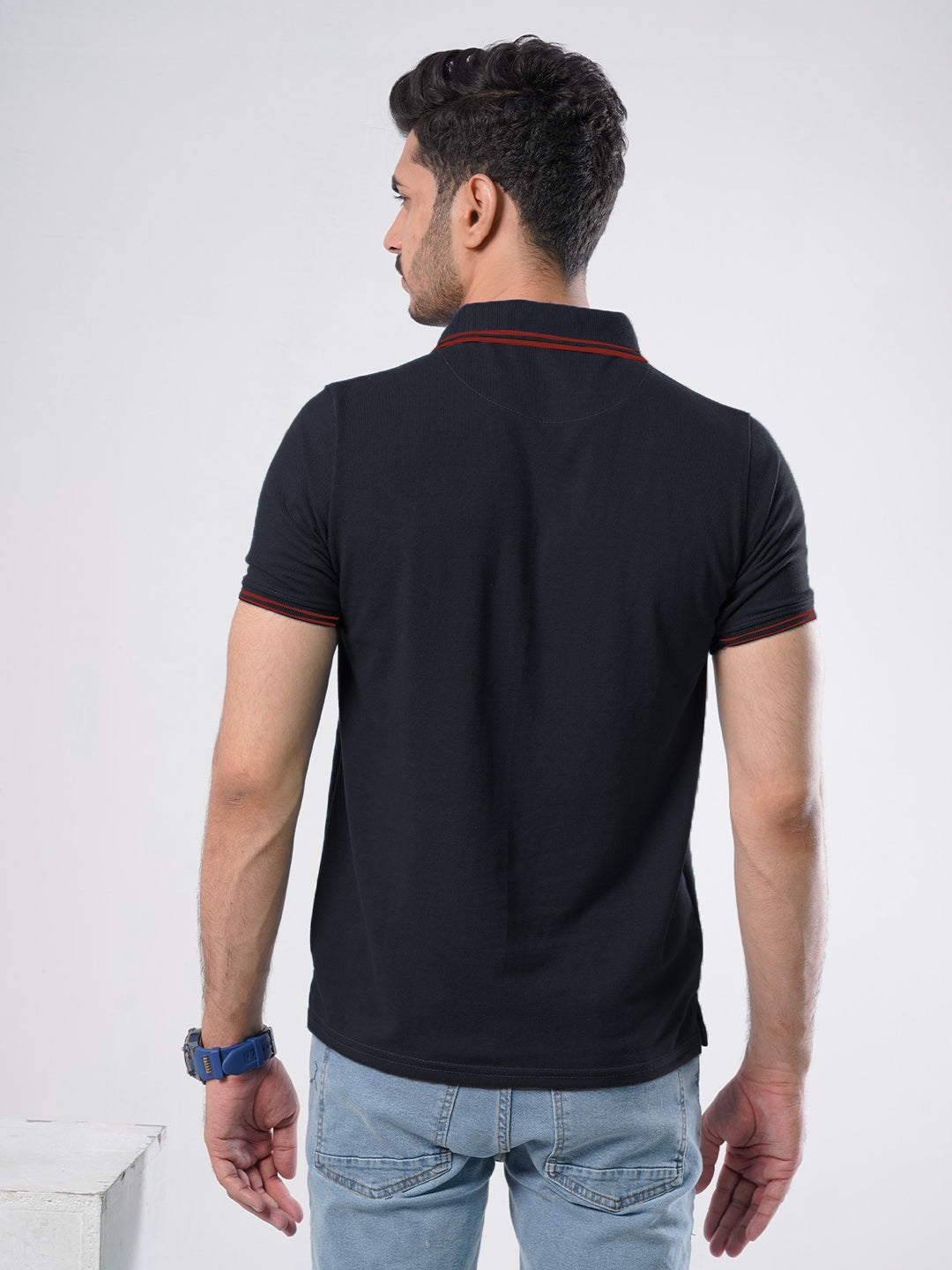 Navy Blue Plain Contrast Tipping Half Sleeves Polo T-Shirt (POLO-534)