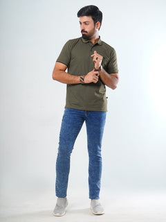 Olive Green Plain Contrast Tipping Half Sleeves Cotton Jersey Polo T-Shirt (POLO-535)