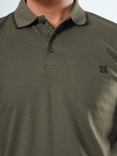 Olive Green Plain Contrast Tipping Half Sleeves Cotton Jersey Polo T-Shirt (POLO-535)