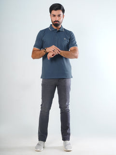 Teal Blue Plain Contrast Tipping Half Sleeves Cotton Jersey Polo T-Shirt (POLO-539)