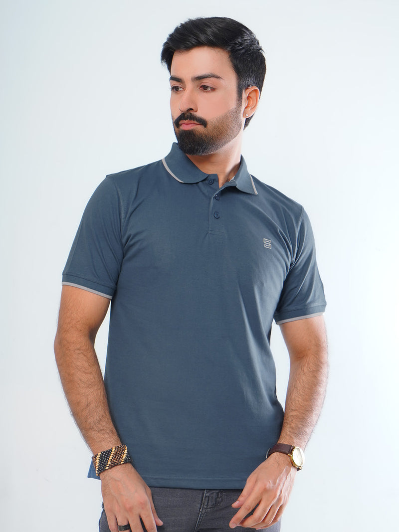 Teal Blue Plain Contrast Tipping Half Sleeves Cotton Jersey Polo T-Shirt (POLO-539)