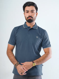 Teal Blue Plain Contrast Tipping Half Sleeves Cotton Jersey Polo T-Shirt (POLO-539)