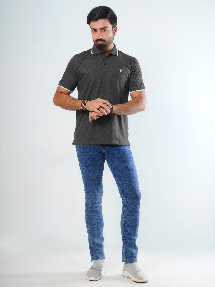 Charcoal Grey Contrast Tipping Half Sleeves Cotton Jersey Polo T-Shirt (POLO-538)