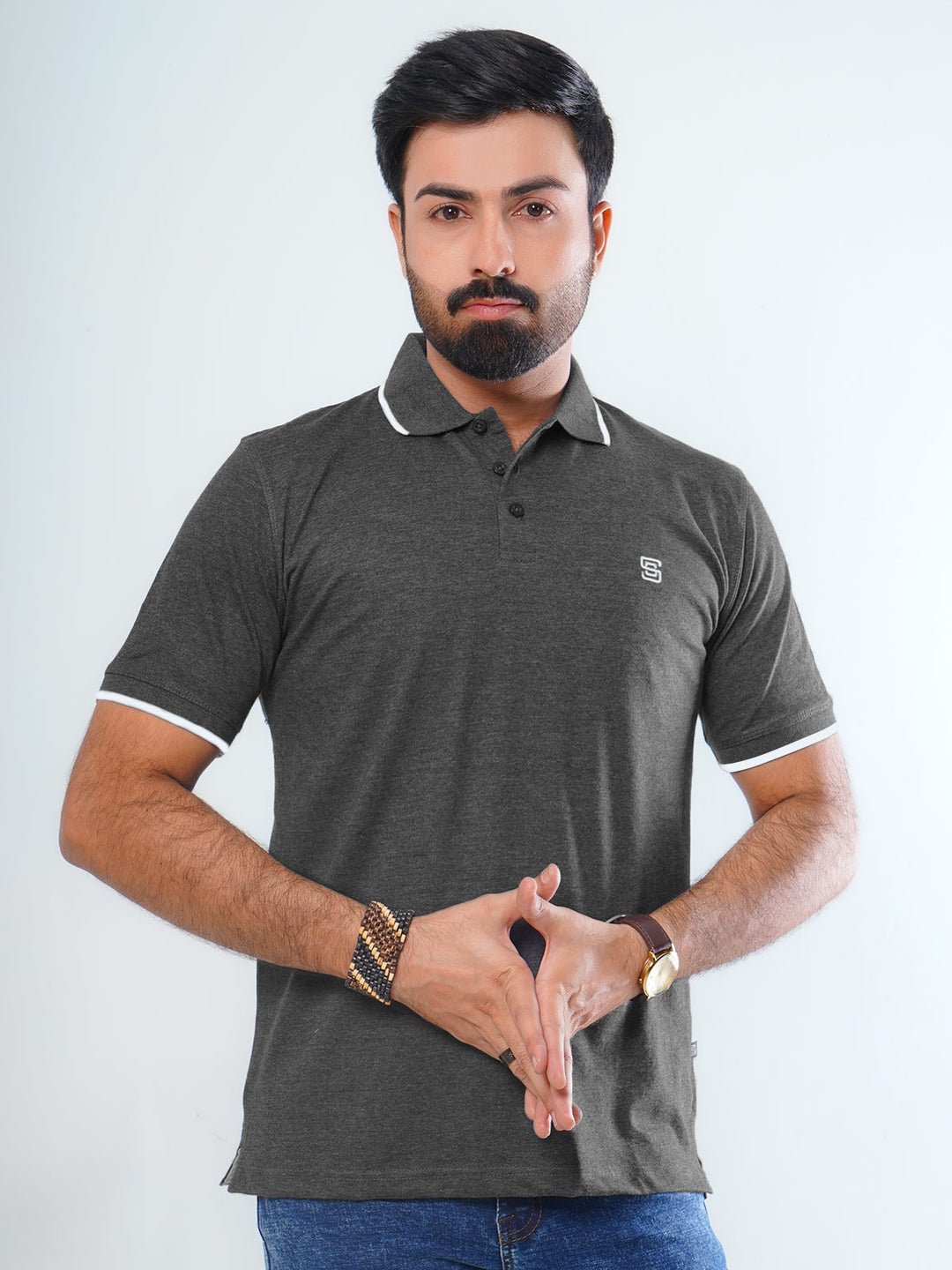 Charcoal Grey Contrast Tipping Half Sleeves Cotton Jersey Polo T-Shirt (POLO-538)