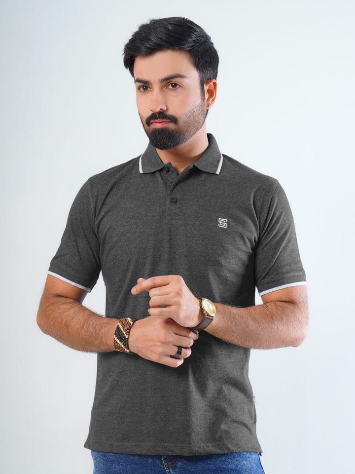 Charcoal Grey Contrast Tipping Half Sleeves Cotton Jersey Polo T-Shirt (POLO-538)