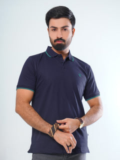 Navy Blue Plain Contrast Tipping Half Sleeves Cotton Jersey Polo T-Shirt (POLO-536)