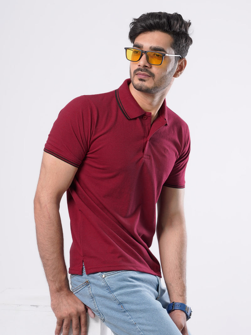 Red Plain Contrast Tipping Half Sleeves Polo T-Shirt (POLO-543)