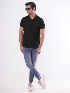 Black Textured Half Sleeves Popcorn Polo T-Shirt (POLO-550)