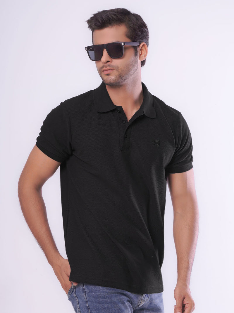 Black Textured Half Sleeves Popcorn Polo T-Shirt (POLO-550)