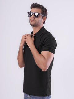 Black Textured Half Sleeves Popcorn Polo T-Shirt (POLO-550)