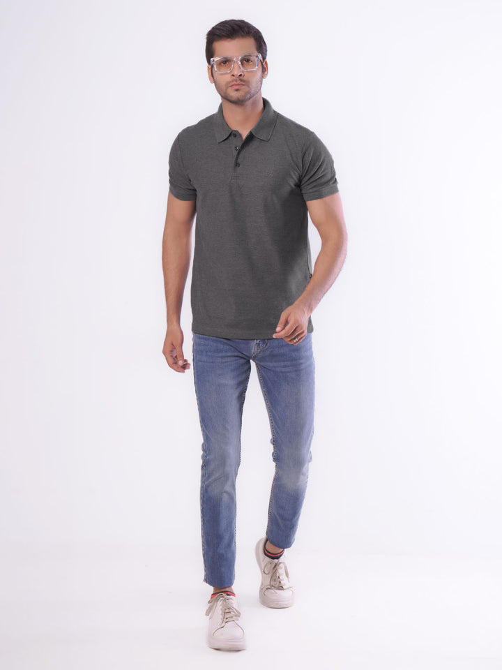 Charcoal Grey Textured Half Sleeves Popcorn Polo T-Shirt (POLO-551)