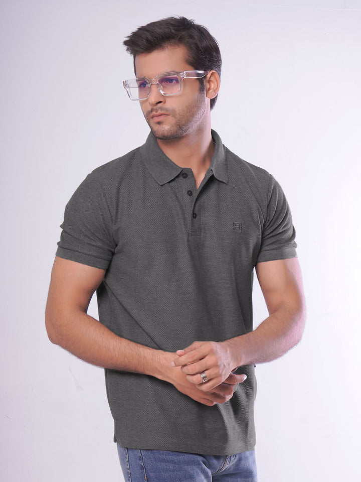 Charcoal Grey Textured Half Sleeves Popcorn Polo T-Shirt (POLO-551)