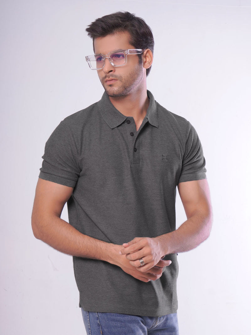 Charcoal Grey Textured Half Sleeves Popcorn Polo T-Shirt (POLO-551)