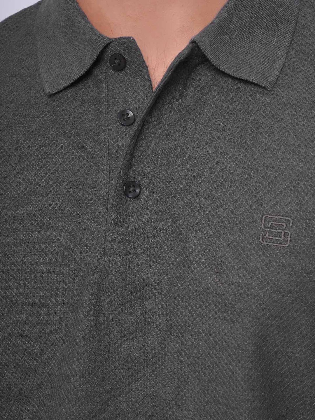 Charcoal Grey Textured Half Sleeves Popcorn Polo T-Shirt (POLO-551)