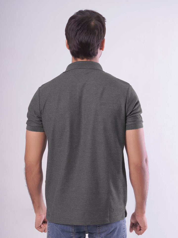 Charcoal Grey Textured Half Sleeves Popcorn Polo T-Shirt (POLO-551)