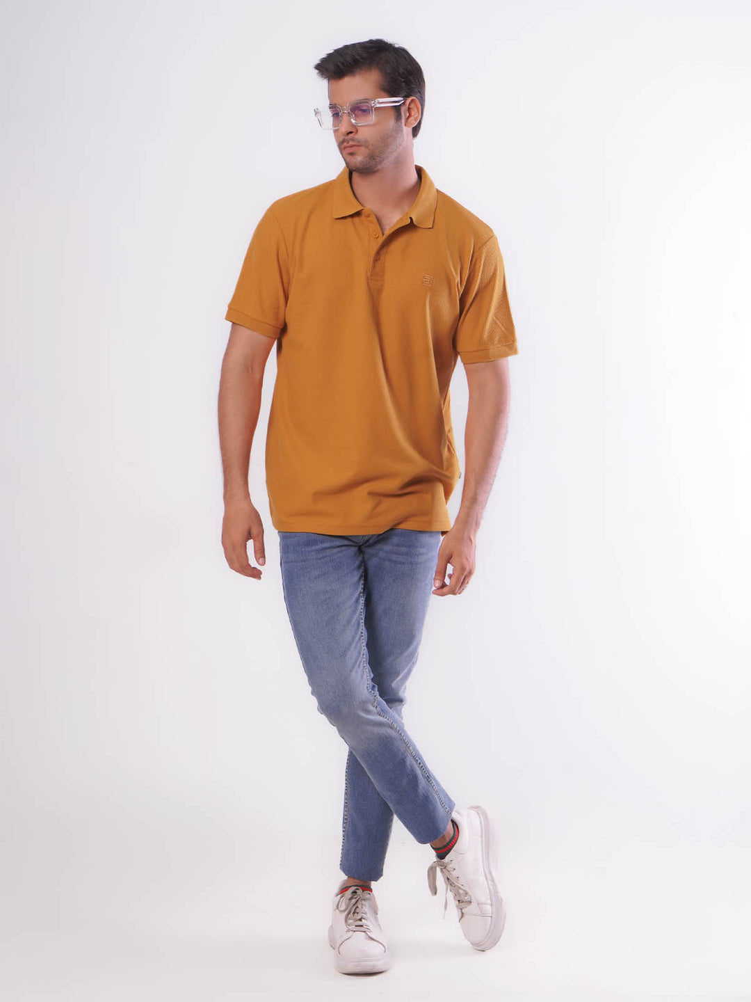 Mustard Textured Half Sleeves Popcorn Polo T-Shirt (POLO-553)