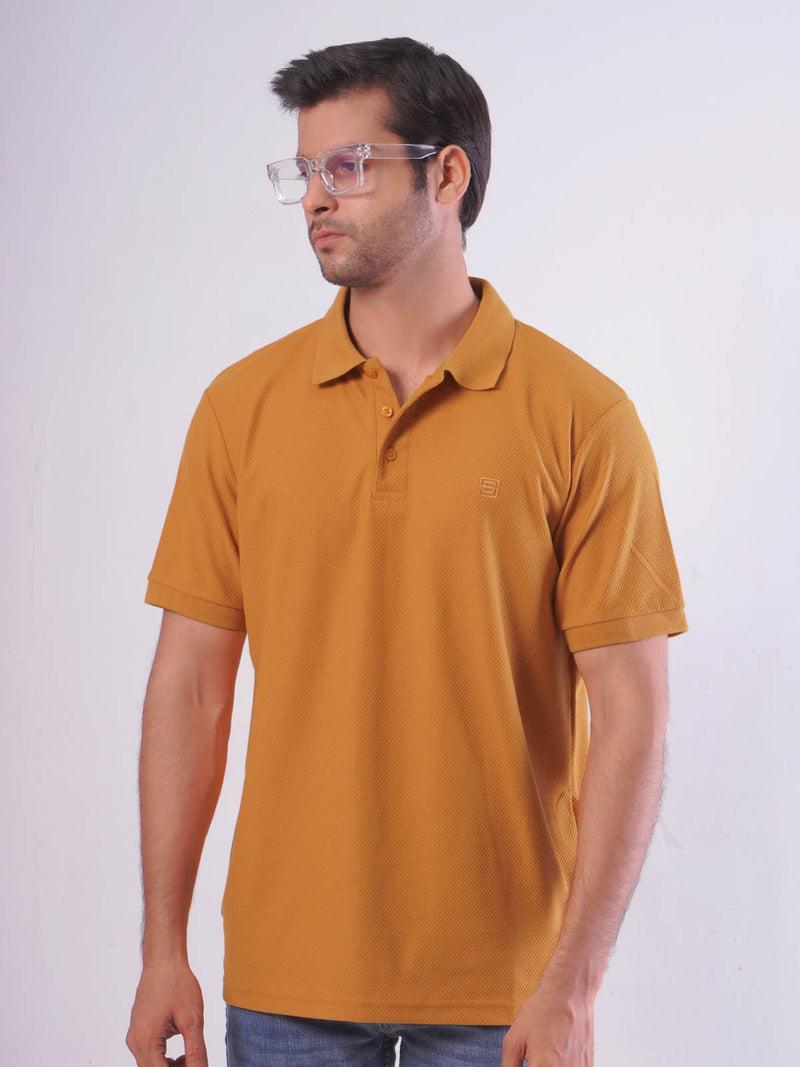 Mustard Textured Half Sleeves Popcorn Polo T-Shirt (POLO-553)