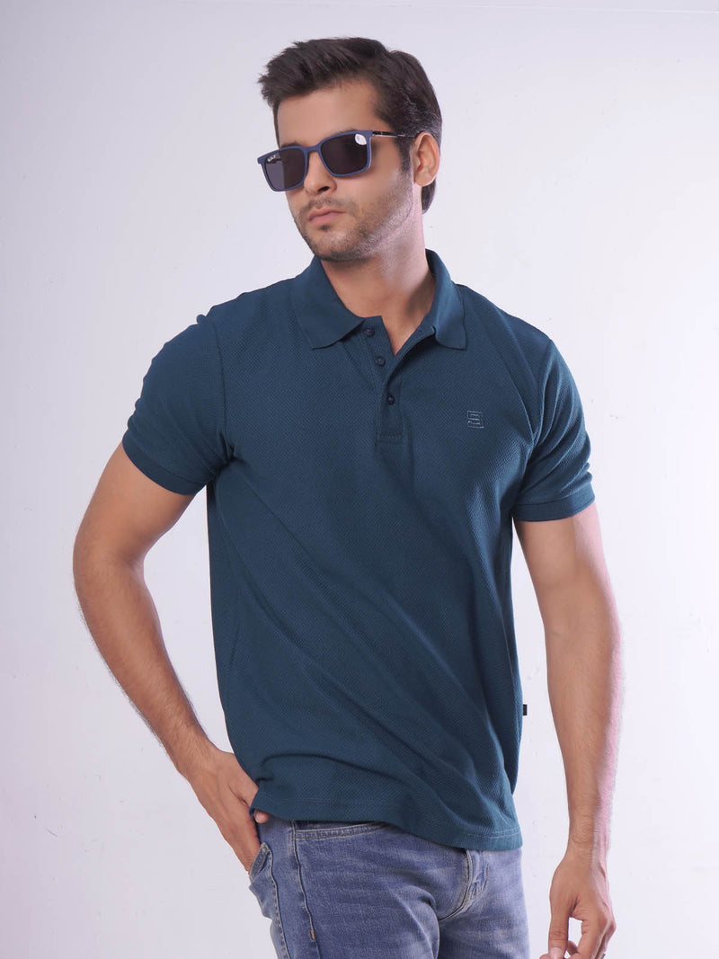 Dark Turquoise Textured Half Sleeves Popcorn Polo T-Shirt (POLO-555)