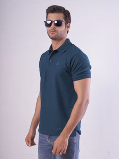 Dark Turquoise Textured Half Sleeves Popcorn Polo T-Shirt (POLO-555)