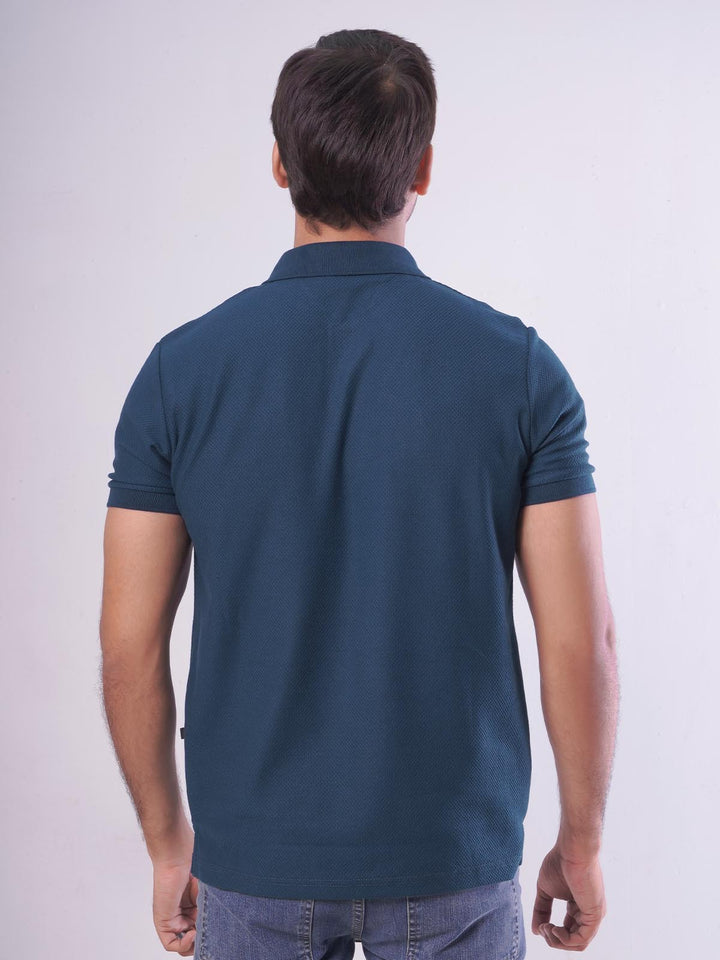 Dark Turquoise Textured Half Sleeves Popcorn Polo T-Shirt (POLO-555)