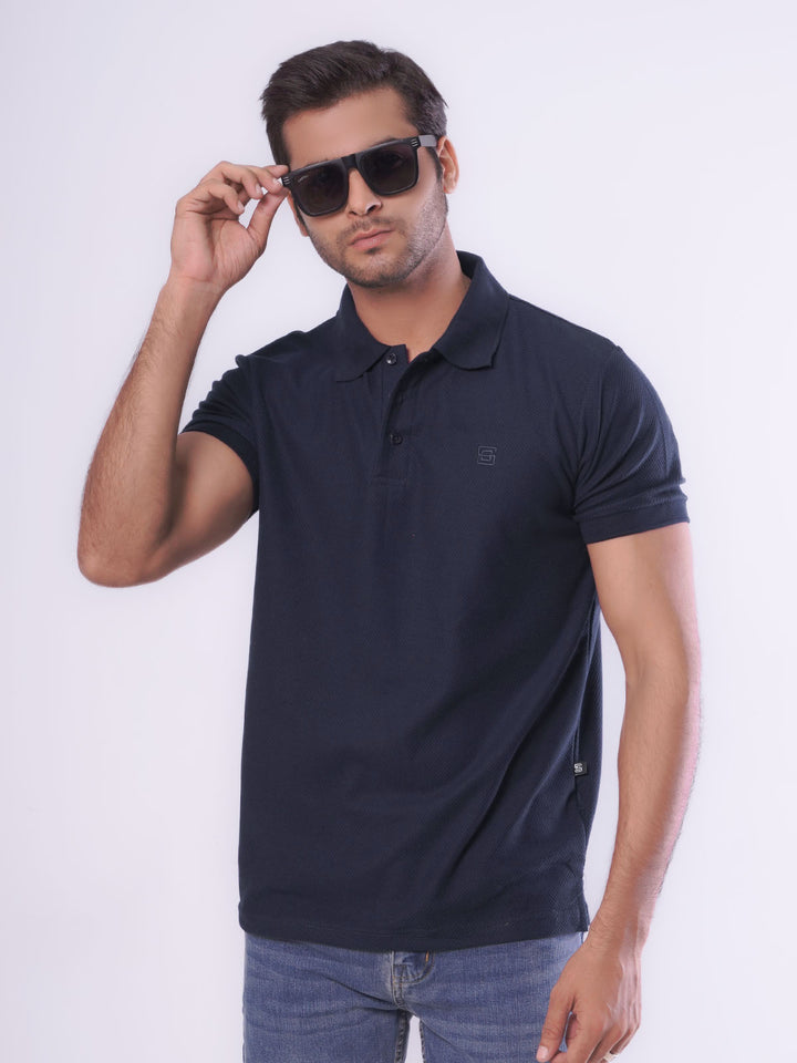 Navy Blue Textured Half Sleeves Popcorn Polo T-Shirt (POLO-556)