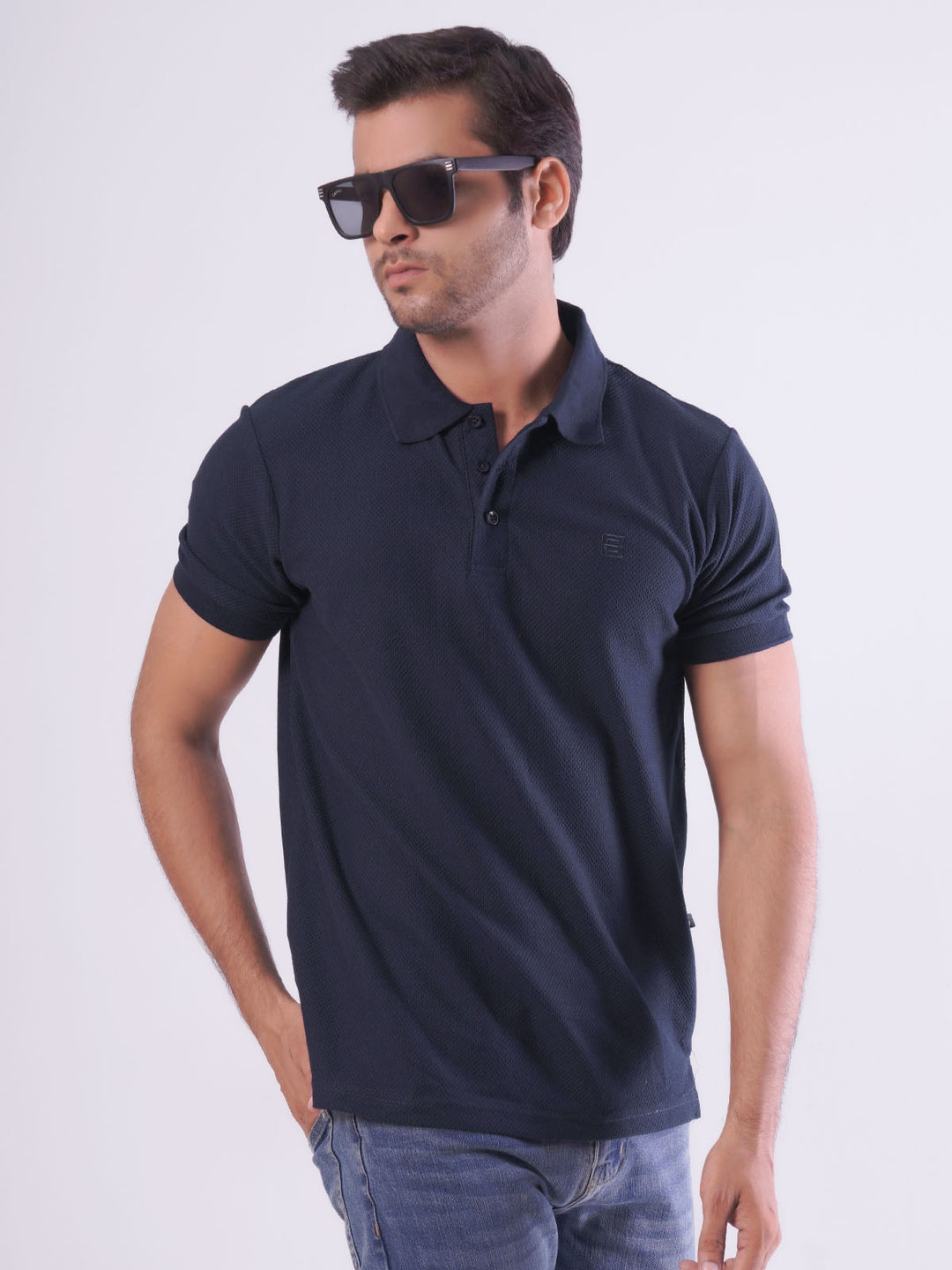 Navy Blue Textured Half Sleeves Popcorn Polo T-Shirt (POLO-556)