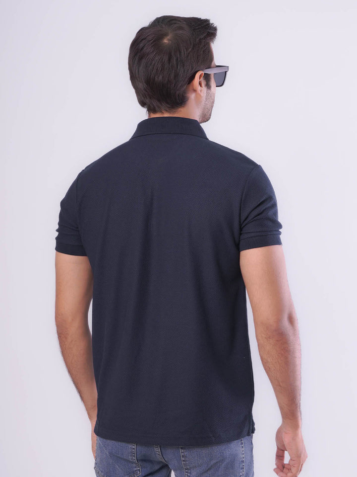 Navy Blue Textured Half Sleeves Popcorn Polo T-Shirt (POLO-556)