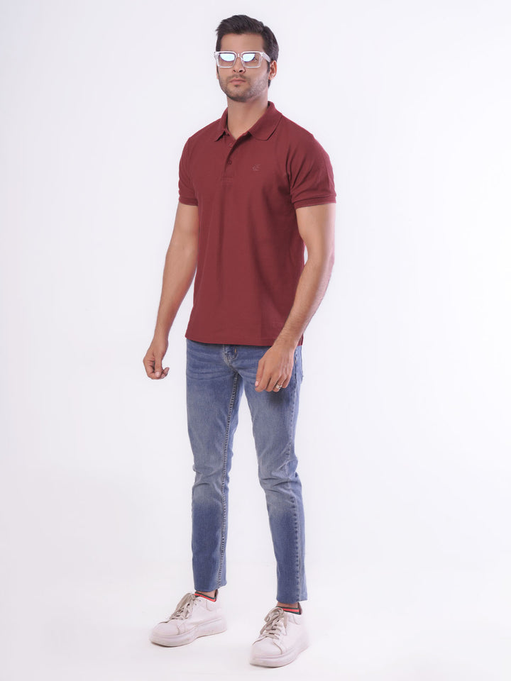 Maroon Textured Half Sleeves Popcorn Polo T-Shirt (POLO-557)