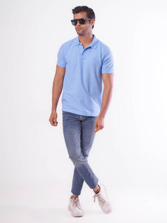 Sky Blue Textured Half Sleeves Popcorn Polo T-Shirt (POLO-558)