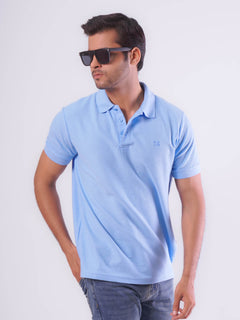 Sky Blue Textured Half Sleeves Popcorn Polo T-Shirt (POLO-558)