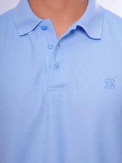 Sky Blue Textured Half Sleeves Popcorn Polo T-Shirt (POLO-558)