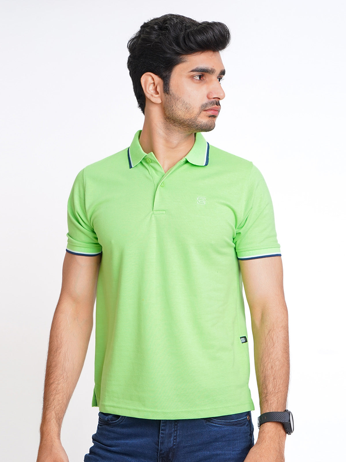 Light Green Plain Contrast Tipping Half Sleeves Polo T-Shirt (POLO-584)