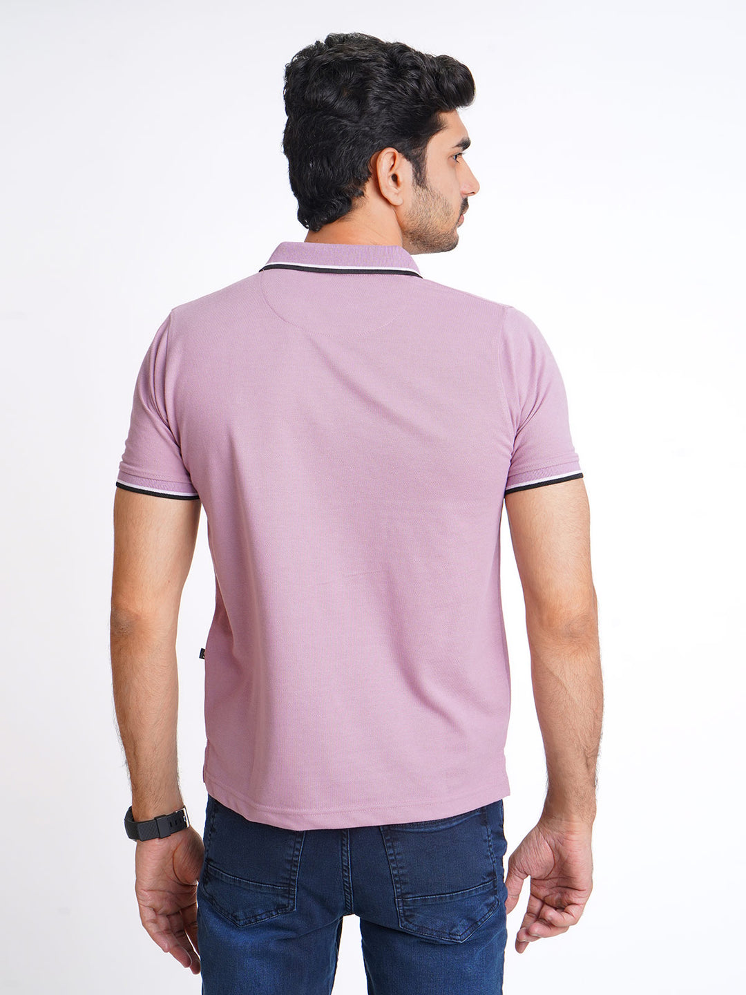 Light Purple Plain Contrast Tipping Half Sleeves Polo T-Shirt (POLO-587)