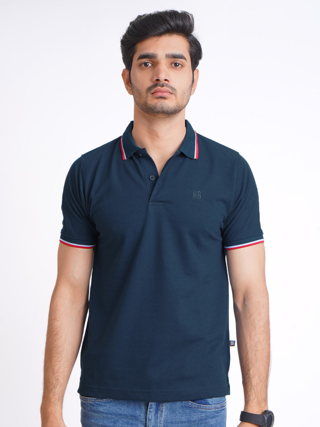 Dark Turquoise Plain Contrast Tipping Half Sleeves Polo T-Shirt (POLO-588)