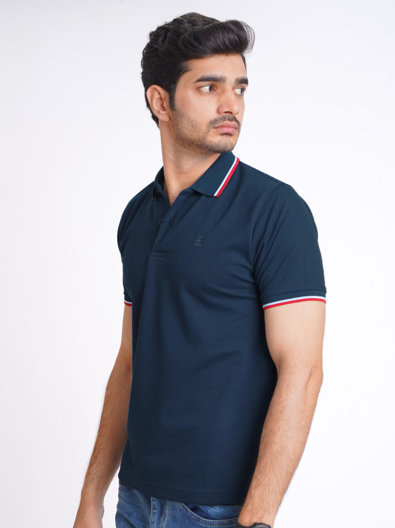 Dark Turquoise Plain Contrast Tipping Half Sleeves Polo T-Shirt (POLO-588)