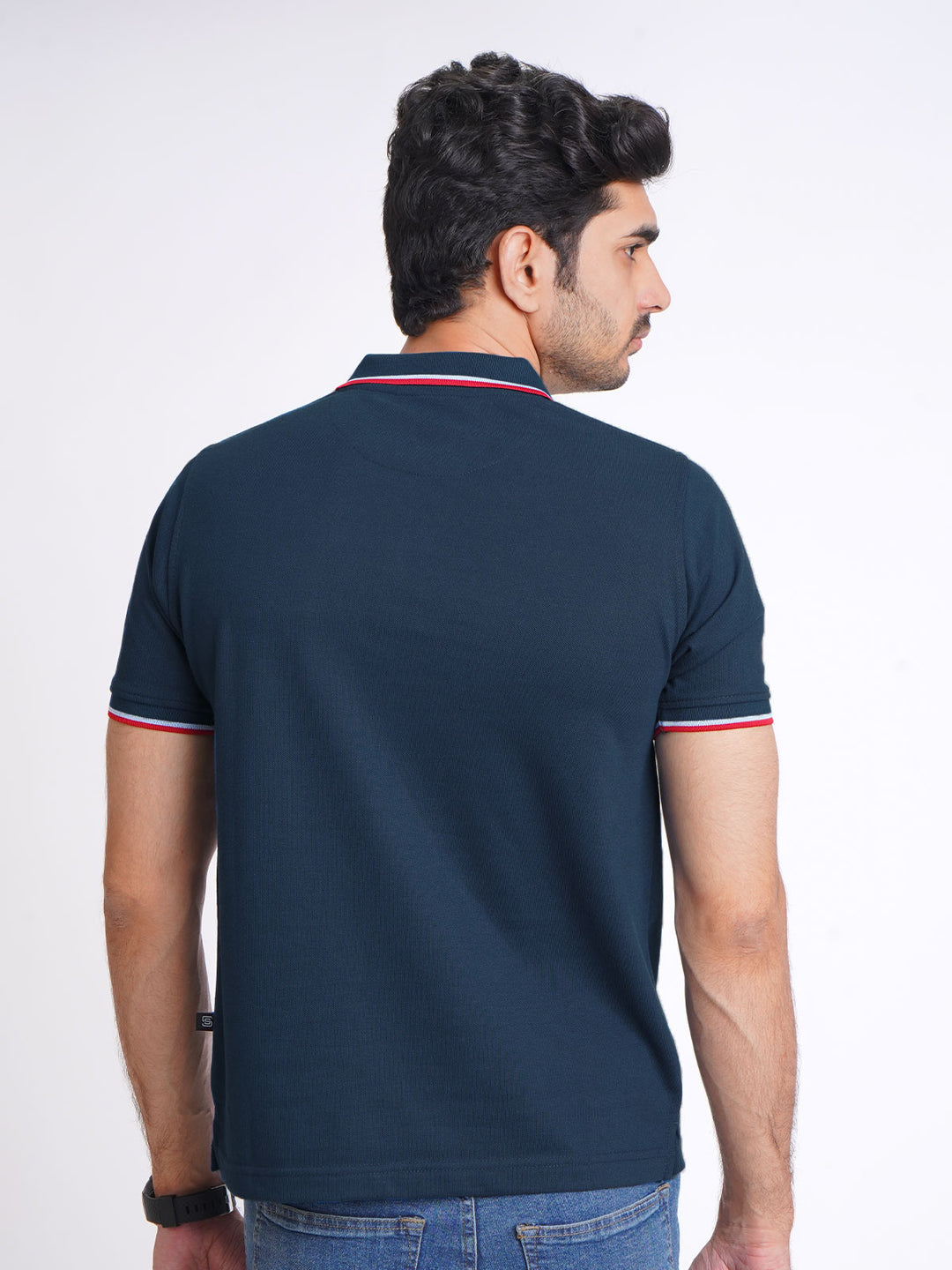 Dark Turquoise Plain Contrast Tipping Half Sleeves Polo T-Shirt (POLO-588)