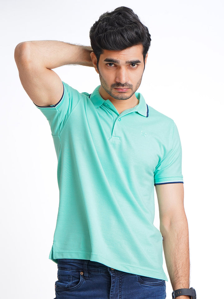 Sea Green Plain Contrast Tipping Half Sleeves Polo T-Shirt (POLO-589)