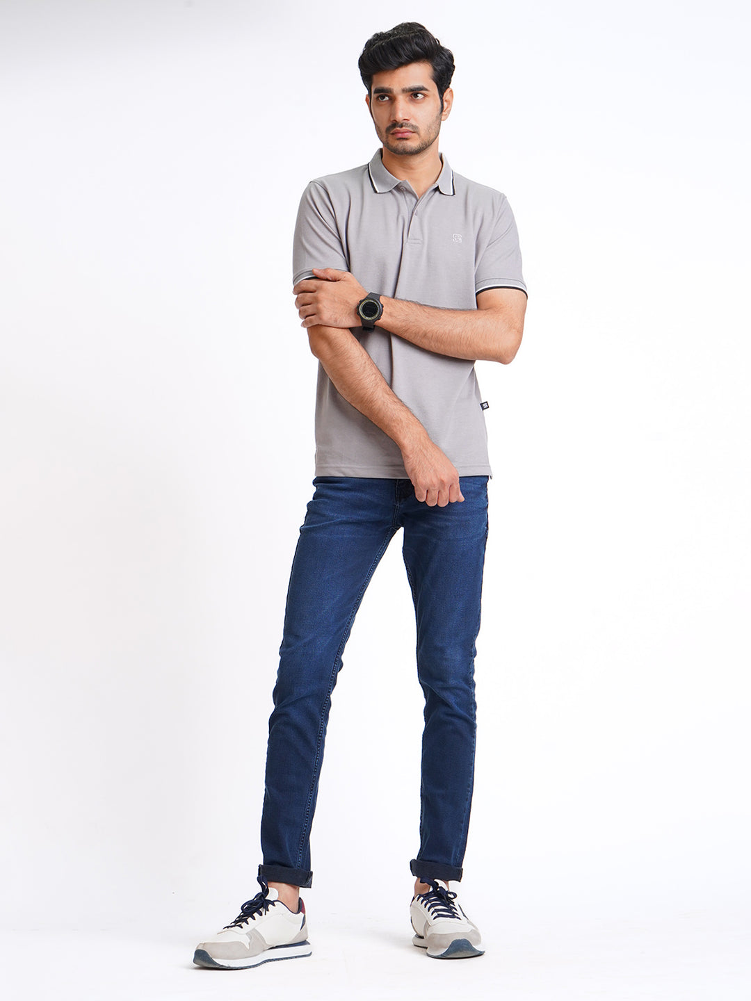 Light Grey Plain Contrast Tipping Half Sleeves Polo T-Shirt (POLO-591)