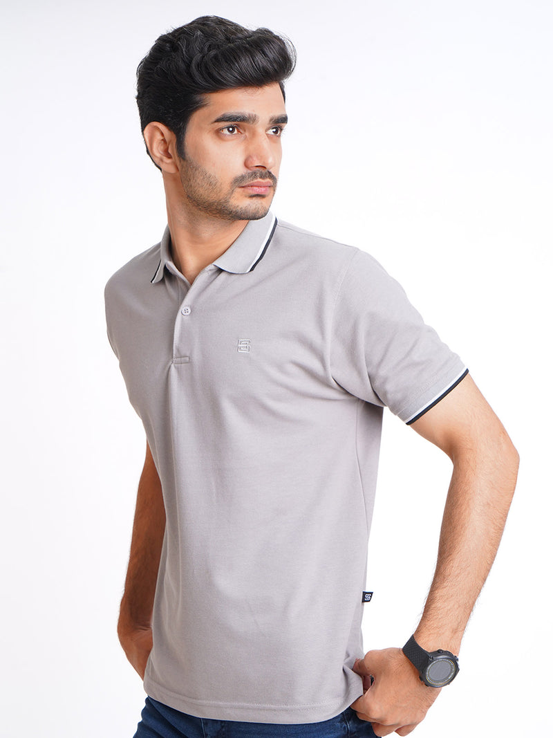 Light Grey Plain Contrast Tipping Half Sleeves Polo T-Shirt (POLO-591)