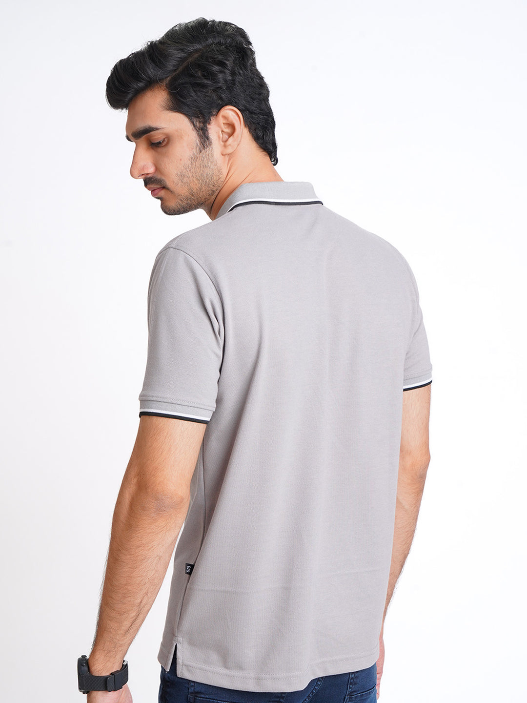 Light Grey Plain Contrast Tipping Half Sleeves Polo T-Shirt (POLO-591)