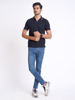 Navy Blue Plain Contrast Tipping Half Sleeves Polo T-Shirt (POLO-592)