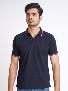 Navy Blue Plain Contrast Tipping Half Sleeves Polo T-Shirt (POLO-592)