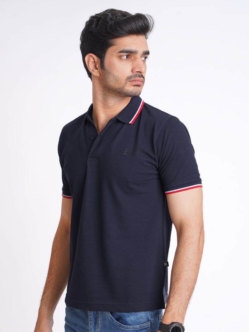 Navy Blue Plain Contrast Tipping Half Sleeves Polo T-Shirt (POLO-592)