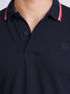 Navy Blue Plain Contrast Tipping Half Sleeves Polo T-Shirt (POLO-592)