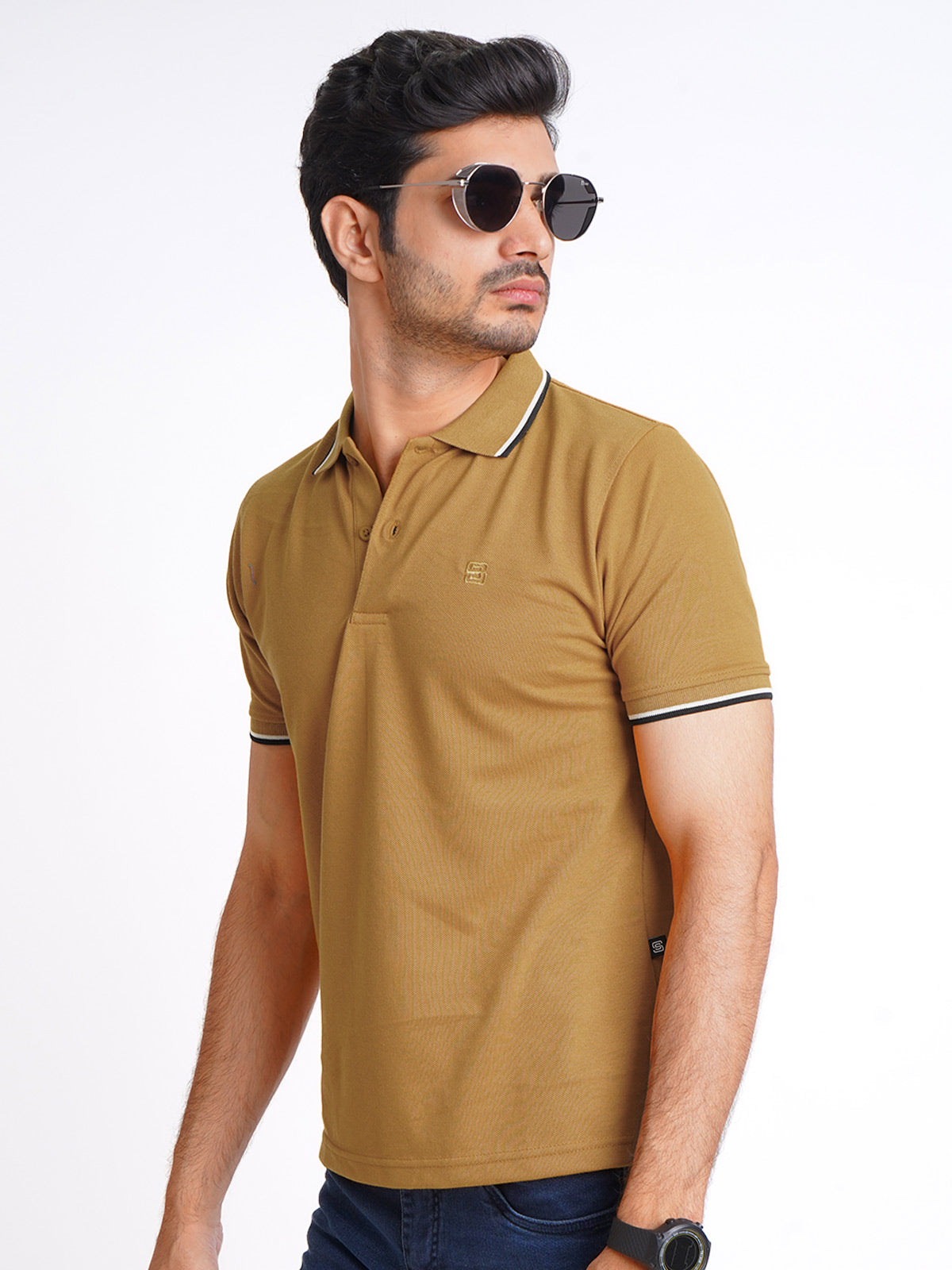 Mustard Plain Contrast Tipping Half Sleeves Polo T-Shirt (POLO-593)