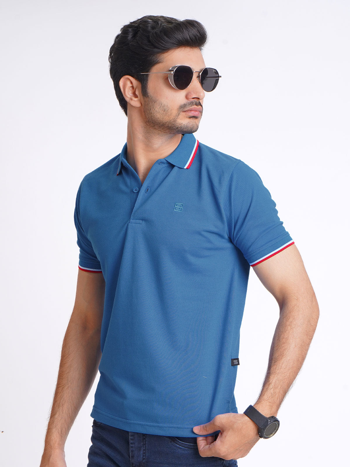 Royal Blue Plain Contrast Tipping Half Sleeves Polo T-Shirt (POLO-594)