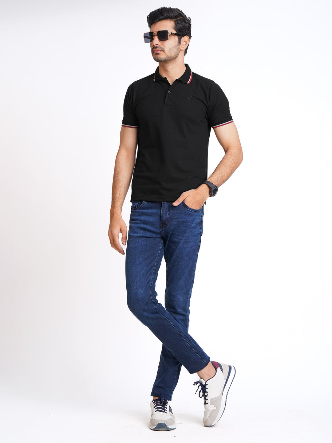 Black Plain Contrast Tipping Half Sleeves Polo T-Shirt (POLO-595)