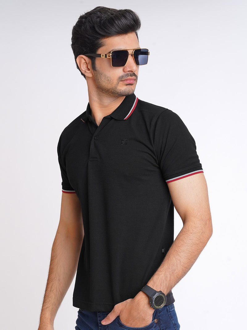 Black Plain Contrast Tipping Half Sleeves Polo T-Shirt (POLO-595)