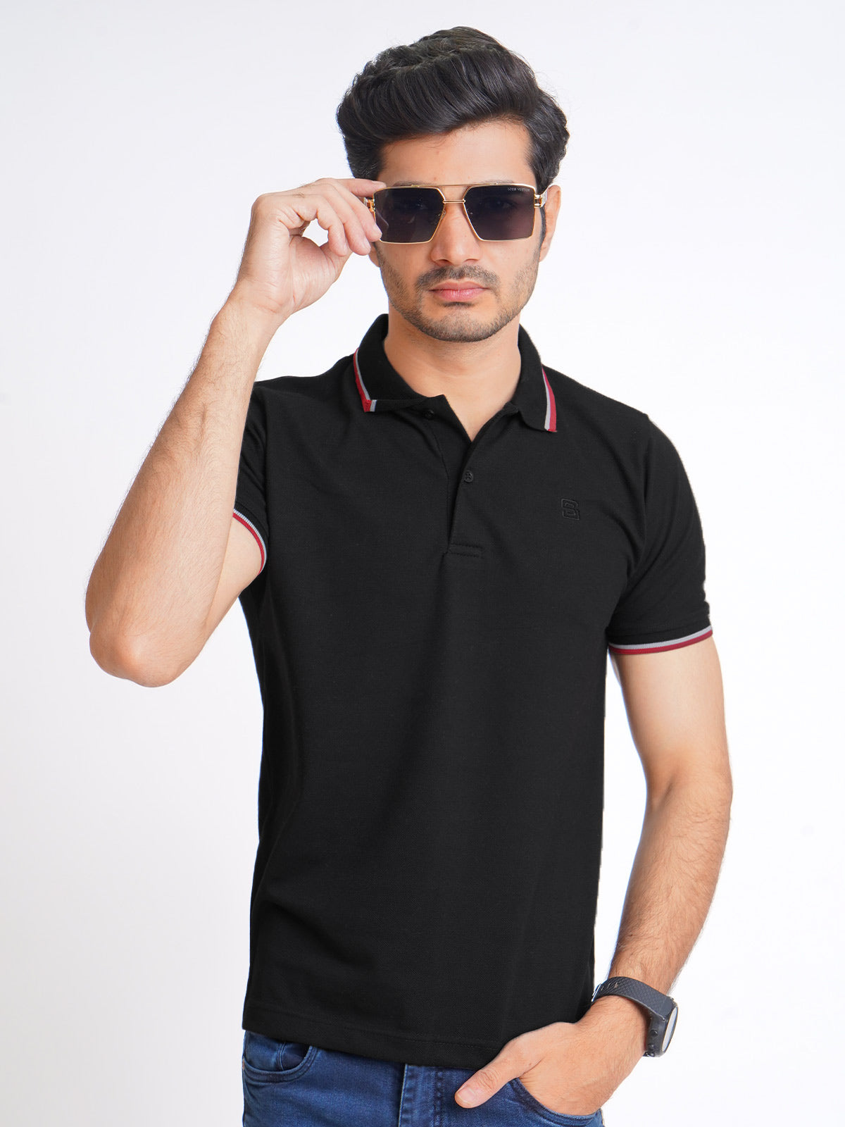 Black Plain Contrast Tipping Half Sleeves Polo T-Shirt (POLO-595)